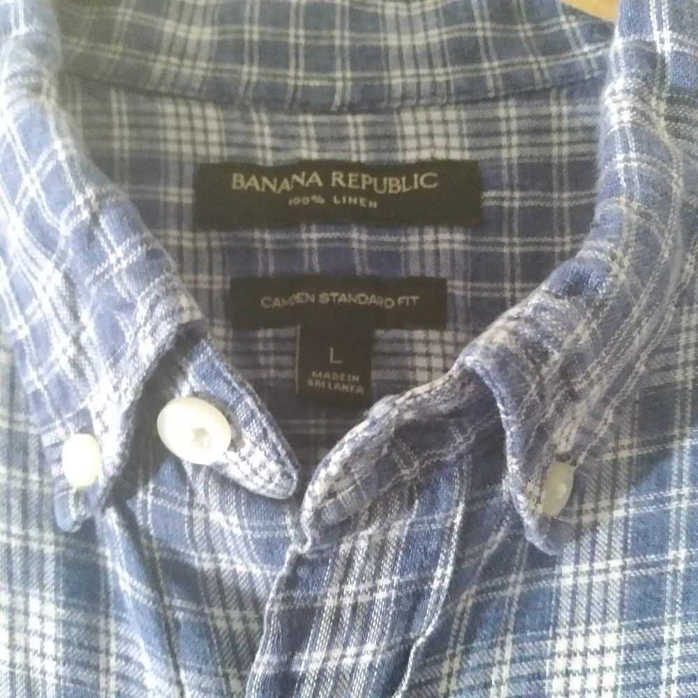 Banana Republic Linen Short Sleeve‎ Camp Shirt Camden Blue Plaid Mens Large